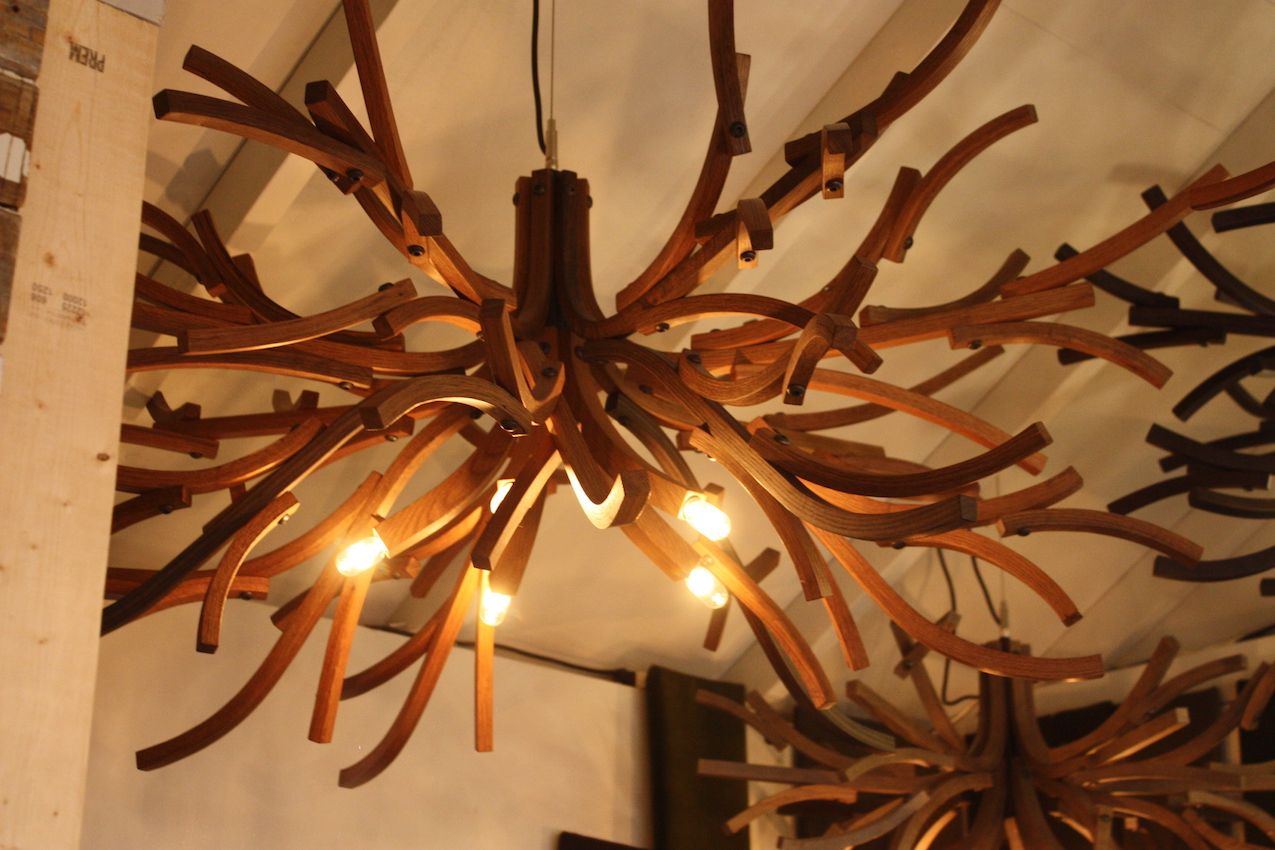 Ontario Wood's display included these stunning wooden chandeliers, rendered in a number of types of wood. The branch shapes -- and the great number in each fixture -- make for a stunning piece.